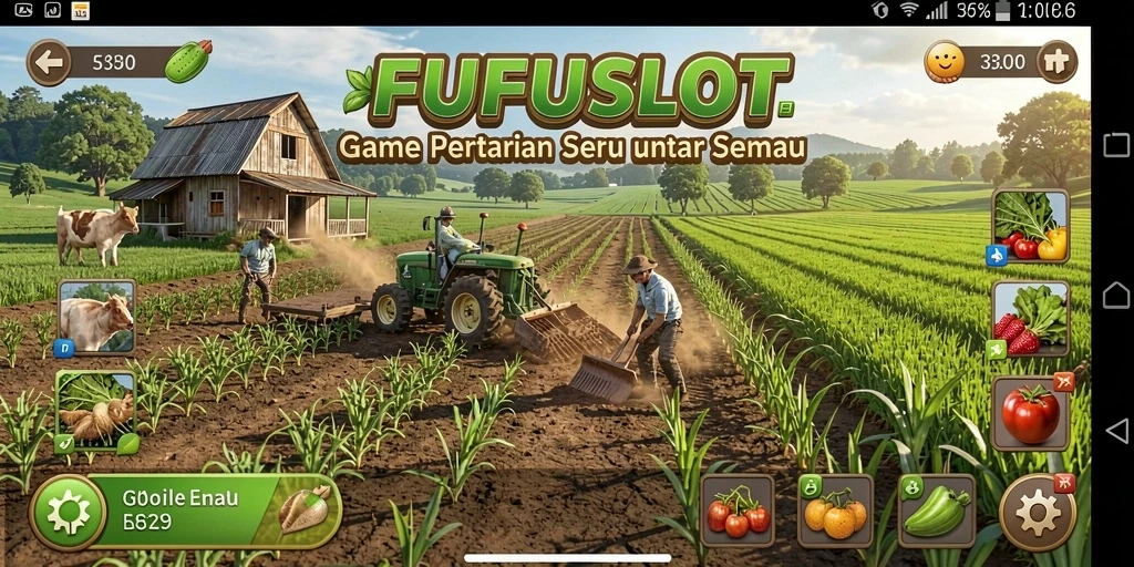 Tampilan gameplay FUFUSLOT dengan aktivitas bertani yang seru.