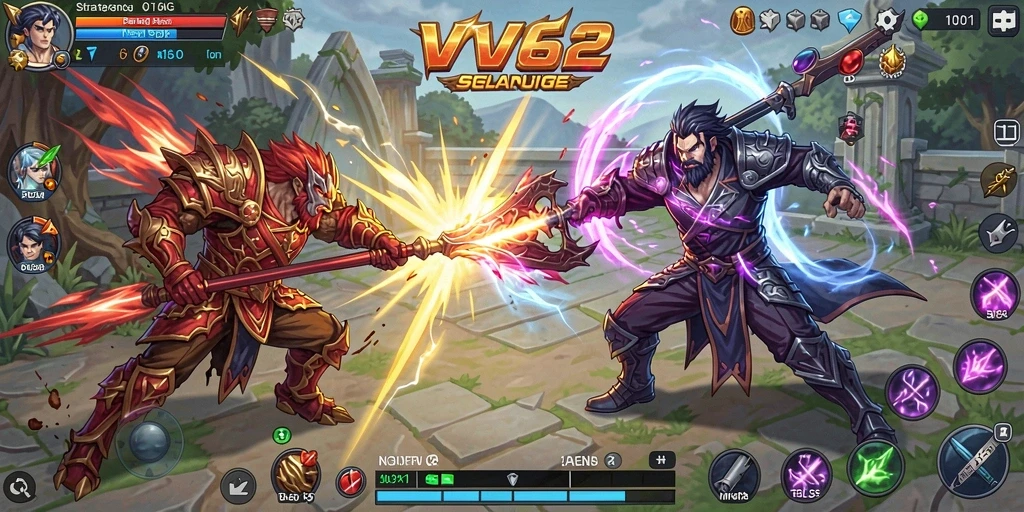 Screenshot gameplay VV62 menampilkan pertempuran strategi yang mendebarkan.